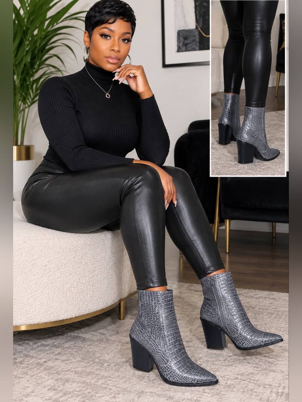 Zara Gray Croc-Embossed Pointed Toe Block Heel Ankle Boots (NWOT) Size 9 Eu 41